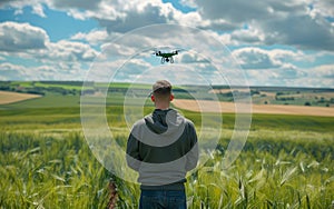 A serene scene unfolds as a man pilots a drone over lush green fields, a testament to the peaceful coexistence of