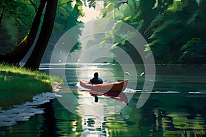 A serene scene unfolds as a sleek sports kayak peacefully glides along a winding river nestled