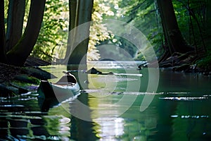 A serene scene unfolds as a sleek sports kayak peacefully glides along a winding river nestled