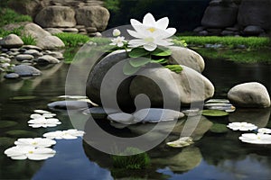 A serene scene of a white water lily afloat on tranquil water, surrounded by zen stones rocks, exuding a spa picturesque and