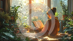 A serene scene of a woman enjoying a book surrounded by lush houseplants, bathed in warm, golden sunlight. The comforts of home