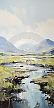 Serene Scottish Landscape Painting With Marsh And Mountains