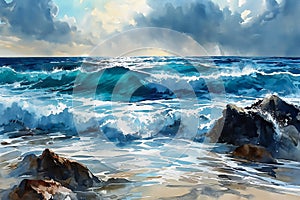 Serene Seascape: A Captivating Beach Scene with Majestic Waves a