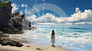 Serene Seascape A Digital Fantasy Landscape Of A Girl Exploring The Beach