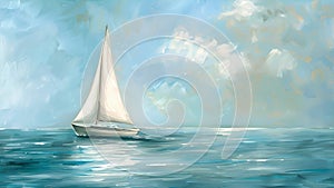 A serene seascape featuring a lone sailboat drifting peacefully on calm azure waters. The artist has expertly captured