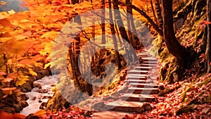 A serene set of steps guides you through the woods, leading to a peaceful stream, Vibrant autumn foliage covering a winding