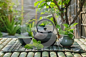 Serene setting with a cast iron teapot and cup, accompanied by vibrant mint leaves on a bamboo mat