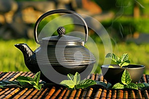 Serene setting with a classic teapot and a cup surrounded by vibrant mint leaves