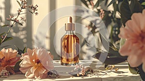 A serene setting with a transparent amber-colored glass bottle of essential oil or some liquid surrounded by flowers, bathed in