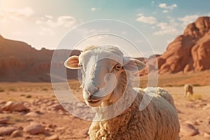 Serene sheep finds solace in the barren desert