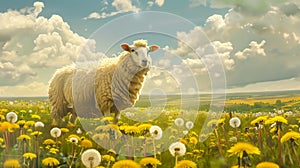 Serene sheep surrounded by blooming dandelions under a picturesque cloudy sky