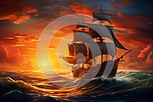 Serene Ship sails ocean sunset. Generate Ai