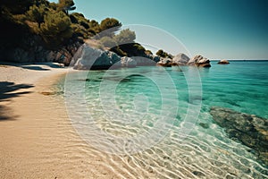 A serene shot of a secluded beach, with white sand and crystal clear waters. photo