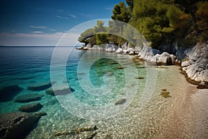 A serene shot of a secluded beach, with white sand and crystal clear waters. Generative AI photo