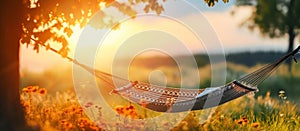 Serene Siesta: A Hammock Swinging in a Sunlit Meadow