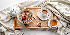 A Serene Silhouette Breakfast in Bed Granola Tea and a Wooden Tray A Cozy Morning Moment Captured in photo