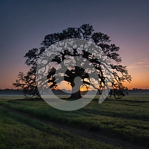 Serene Silhouette of Large Oak Tree with Strong Branches and Deep Roots photo