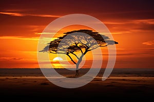 Serene Silhouette, Lone Tree Against the Setting Sun, The silhouette of a lone tree on an African savanna, AI Generated