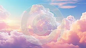 Serene sky with fluffy clouds in pastel colors. Beautiful sky. Copy Space. Concept of calming background, nature