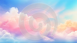 Serene sky with fluffy clouds in tender pastel rainbow colors. Beautiful sky. Copy Space. Concept of calming backgrounds