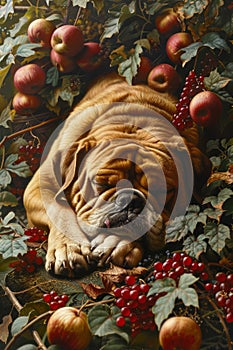 Serene Sleeping Bulldog Surrounded by Lush Foliage and Ripe Apples, Artistic Nature Backdrop with Dozing Pet