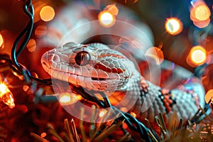 Serene Snake Amidst Twinkling Fairy Lights and Spruce Branches