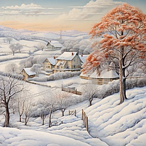 a serene snow covered landscape with trees houses 2