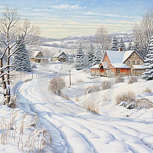 a serene snow covered landscape with trees houses 3