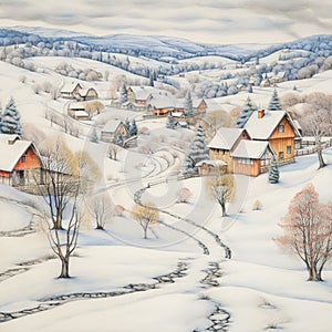 a serene snow covered landscape with trees houses 4