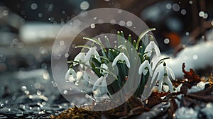 Serene Snowdrops Emergence Among Fallen Leaves During Spring Melt. Nature's Resilience Captured. Perfect for