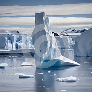 A serene yet sobering polar landscape, indicative of a calm day as the ice melts in the Arctic region.