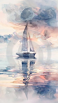 Serene soft watercolors depict a sailing boat on still waters, crafting a peaceful seascape.AI Generate photo