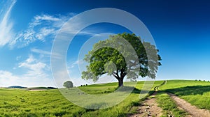 Serene and solitary green oak tree in the sunlit field with ample free copy space