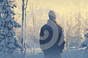 Serene solitude Man in winter forest, captivated by snowy scenery