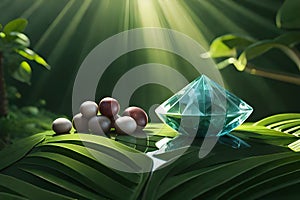 Serene and Soothing: Healing Crystals on Lush Green Leaves with Generative AI