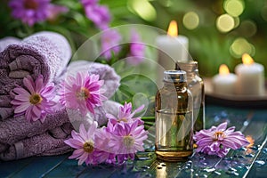 Serene Spa Ambiance with Candles, Towels, and Tropical Flowers