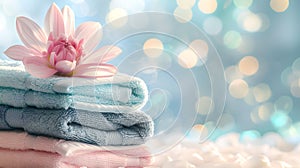 Serene spa ambiance with stacked towels and pink lotus flower. zen-like wellness and self-care concept with soft bokeh