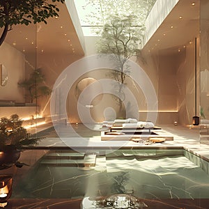 Serene Spa Ambiance with Waterfall, Plants & Peaceful Setting