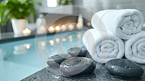 Serene Spa Ambiance with White Towels and Wet Zen Stones