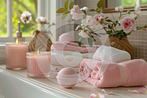 Serene Spa Day at Home Elegant Pink Towels, Scented Candles and Fresh Flowers by the Window for Relaxation