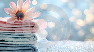 Serene spa day setting with towels and flower, soft focus and calm blue hues. perfect for wellness content. AI