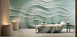 A serene spa interior with a 3D water ripple wall pattern in soft blues and greens,