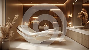 A serene spa interior featuring a massage bed and minimalist decor elements