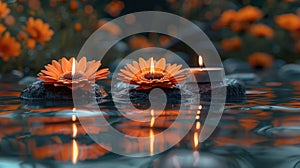 Serene Spa Retreat with 3 Candles, Black Stones, Orange Daisy, and Towels on Water for Relaxation