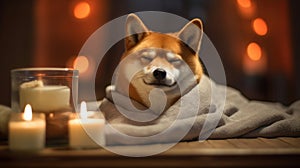 Serene Spa Retreat Sleeping Shiba Inu Dog Smiling Under Towel - Generative AI