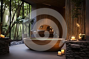 Serene Spa Room With a Spacious Tub and Relaxing Candles for Ultimate Tranquility, A serene spa-like bathroom with bamboo accents