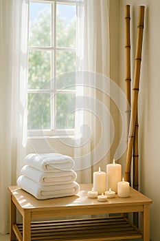Serene Spa Sanctuary With Candles And Towels By Sunlit Window