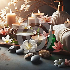 Serene spa setting with candles, flowers, stones, and skincare products, evoking relaxation and luxury.