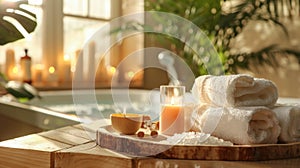 Serene spa setting featuring a luxurious bath, rolled towels, lit candles, and natural wood elements, inviting