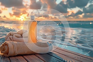 Serene Spa Setting with Rolled Towels and Bottle by Tranquil Sea at Sunset Wellness and Relaxation Concept